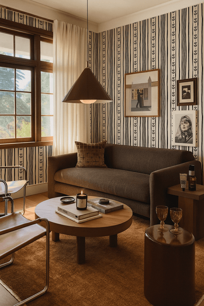 Daisy Chain Stripe Wallpaper, beige and black - mosswell.us