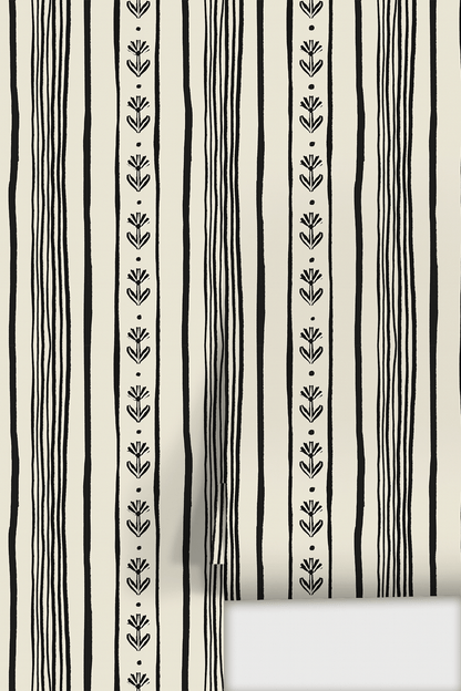 Daisy Chain Stripe Wallpaper, beige and black - mosswell.us