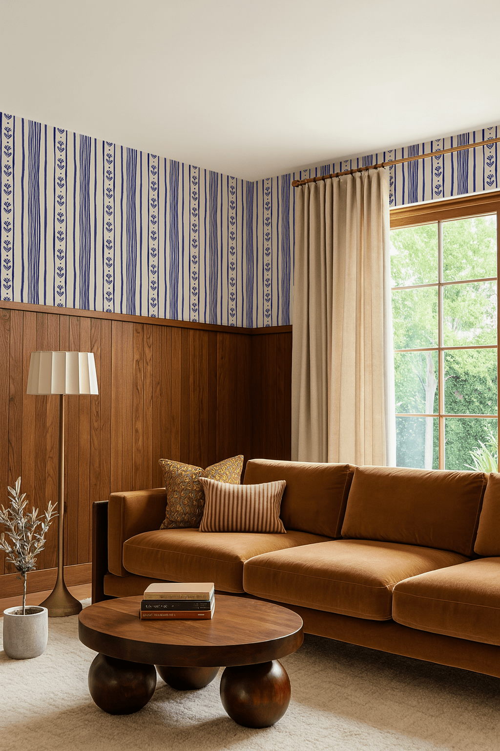 Daisy Chain Stripe Wallpaper, beige and blue - mosswell.us