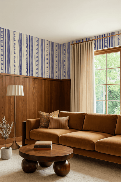 Daisy Chain Stripe Wallpaper, beige and blue - mosswell.us