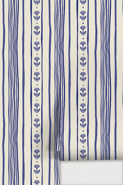 Daisy Chain Stripe Wallpaper, beige and blue - mosswell.us
