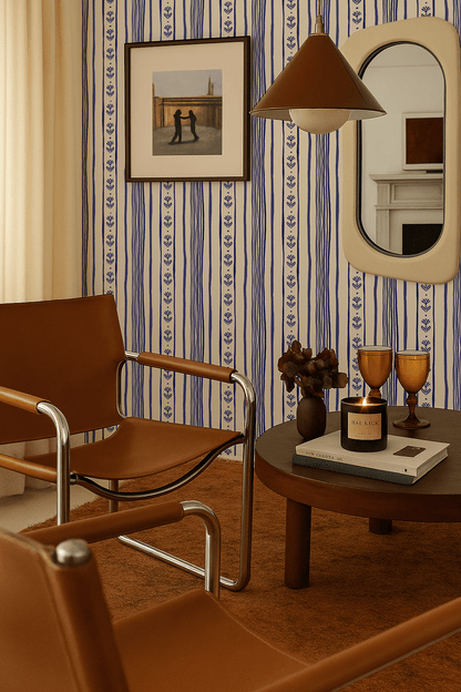 Daisy Chain Stripe Wallpaper, beige and blue - mosswell.us