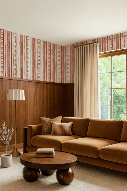 Daisy Chain Stripe Wallpaper, beige and brick red - mosswell.us