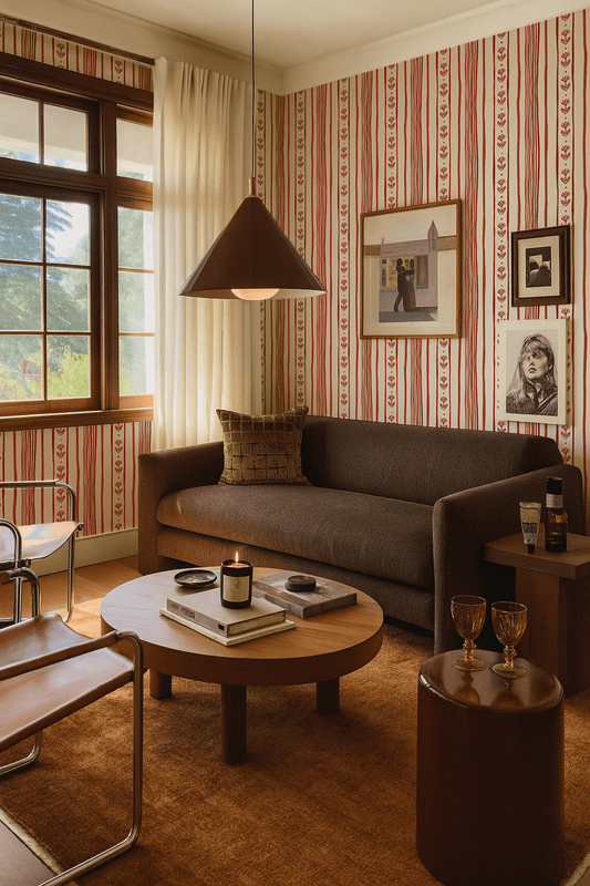 Daisy Chain Stripe Wallpaper, beige and brick red - mosswell.us