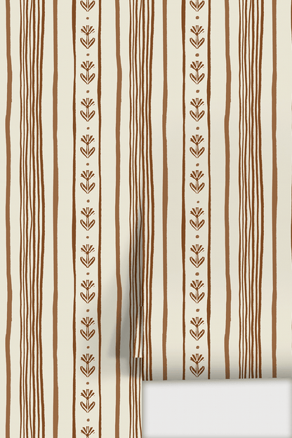 Daisy Chain Stripe Wallpaper, beige and brown - mosswell.us