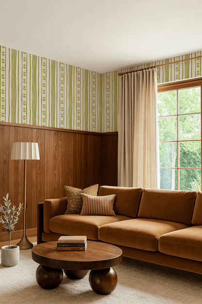 Daisy Chain Stripe Wallpaper, beige and chartreuse green - mosswell.us