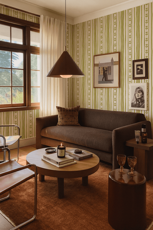 Daisy Chain Stripe Wallpaper, beige and chartreuse green - mosswell.us