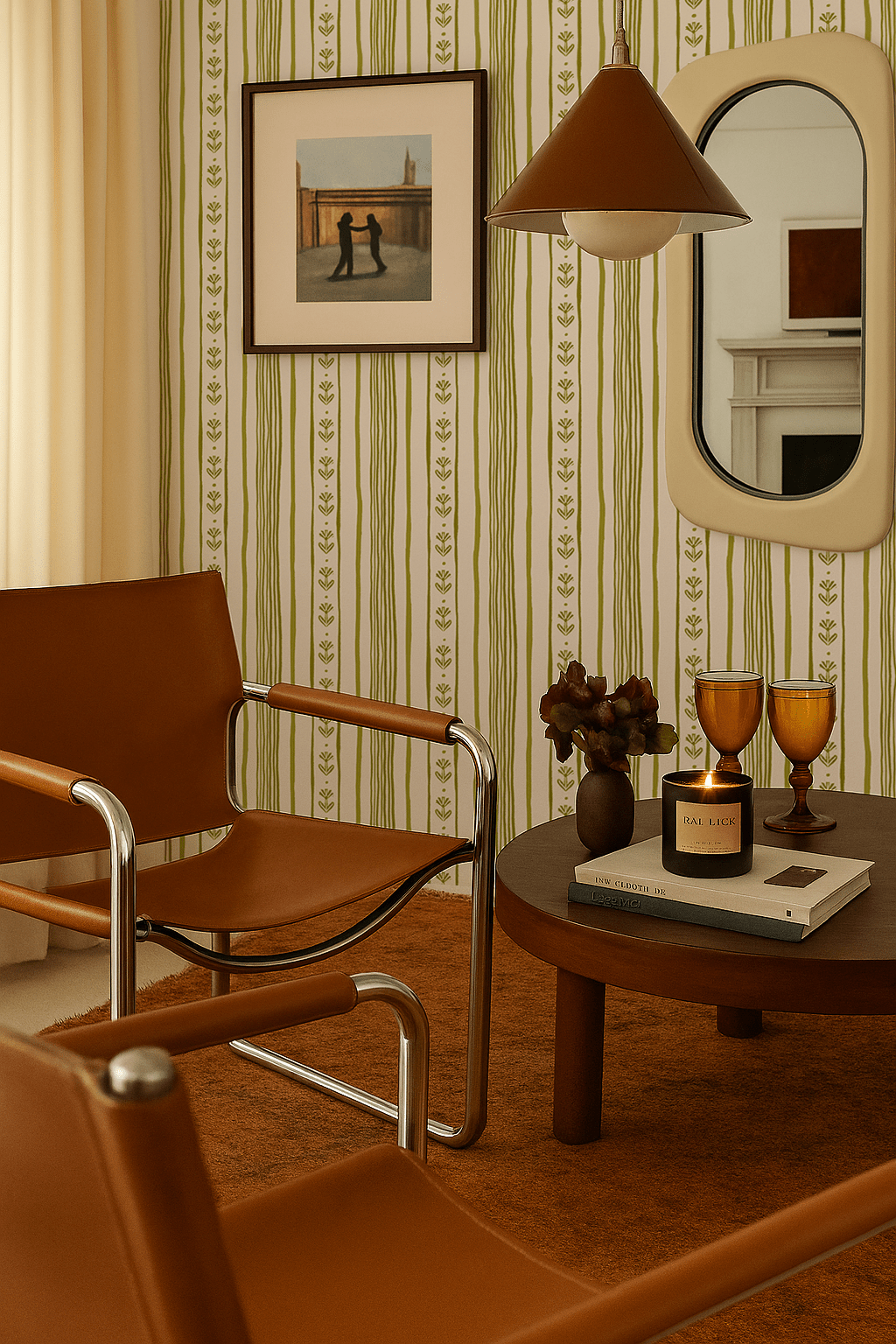 Daisy Chain Stripe Wallpaper, beige and chartreuse green - mosswell.us