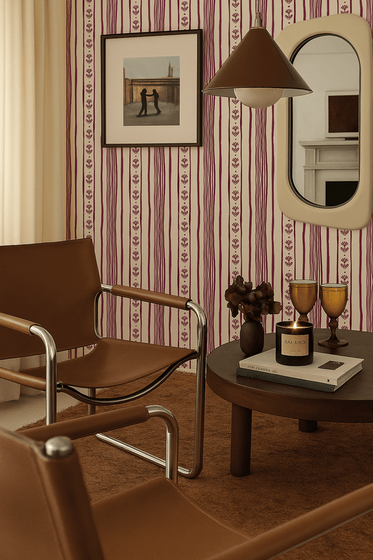 Daisy Chain Stripe Wallpaper, beige and eggplant purple - mosswell.us