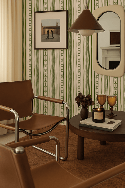 Daisy Chain Stripe Wallpaper, beige and green - mosswell.us