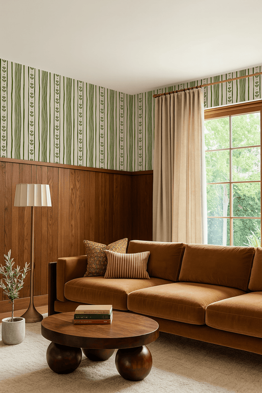 Daisy Chain Stripe Wallpaper, beige and green - mosswell.us