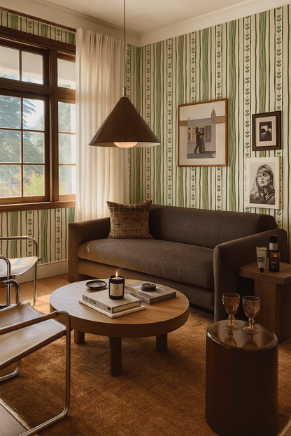 Daisy Chain Stripe Wallpaper, beige and green - mosswell.us