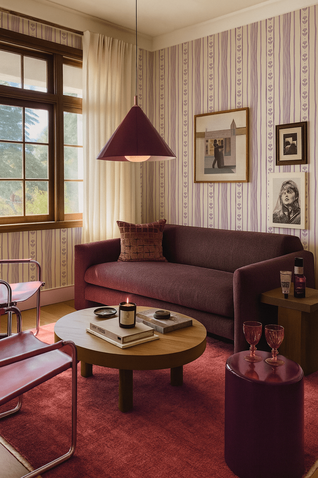 Daisy Chain Stripe Wallpaper, beige and lavender - mosswell.us