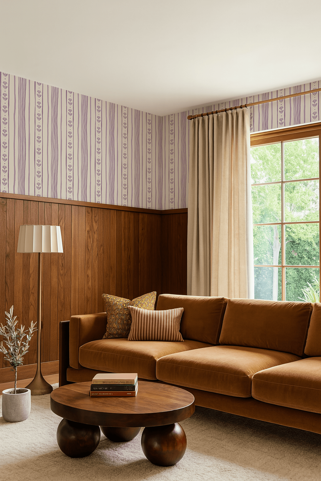 Daisy Chain Stripe Wallpaper, beige and lavender - mosswell.us