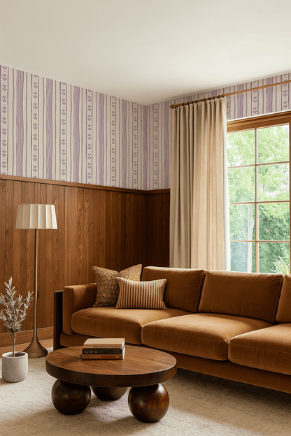 Daisy Chain Stripe Wallpaper, beige and lavender - mosswell.us