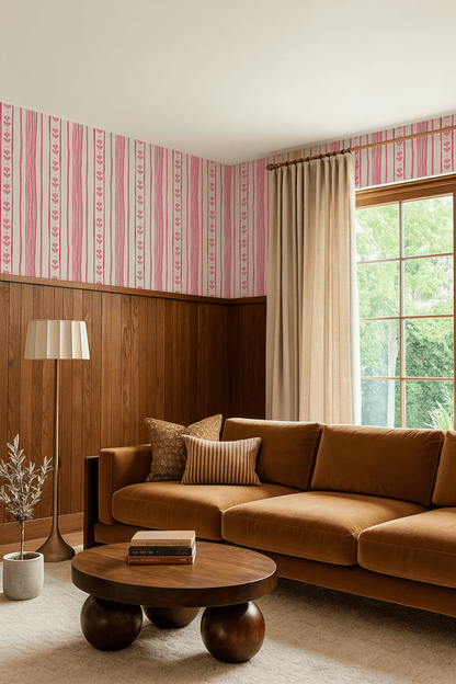 Daisy Chain Stripe Wallpaper, beige and pink - mosswell.us