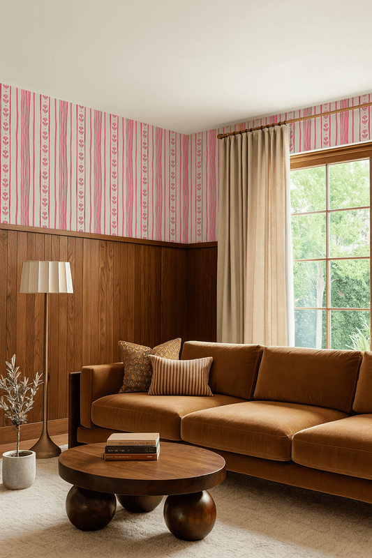 Daisy Chain Stripe Wallpaper, beige and pink - mosswell.us