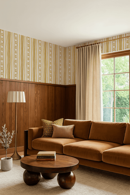 Daisy Chain Stripe Wallpaper, beige and yellow - mosswell.us