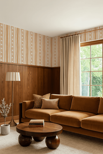 Daisy Chain Stripe Wallpaper, beige, apricot and orange - mosswell.us
