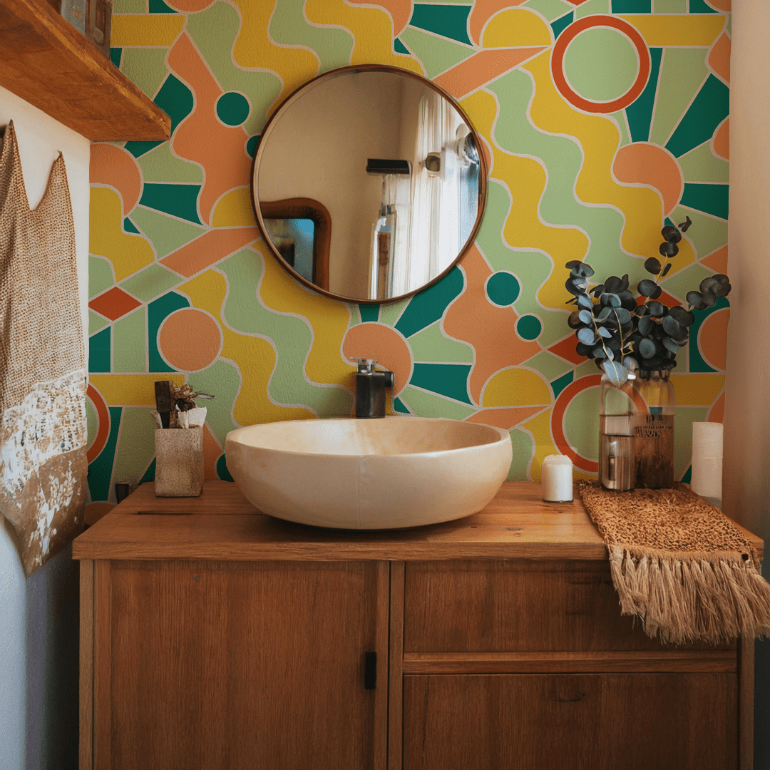 Day Trippin' Wallpaper, mint, blue, yellow and peach - mosswell.us