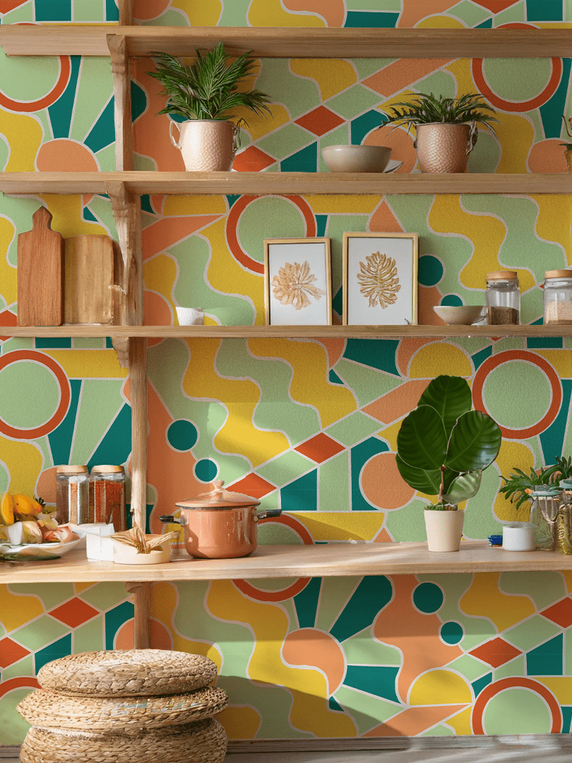 Day Trippin' Wallpaper, mint, blue, yellow and peach - mosswell.us