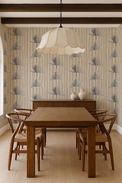 Stripey Palm Wallpaper, neutral and white