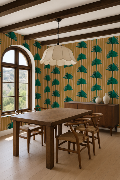 Stripey Palm Wallpaper, mustard and teal