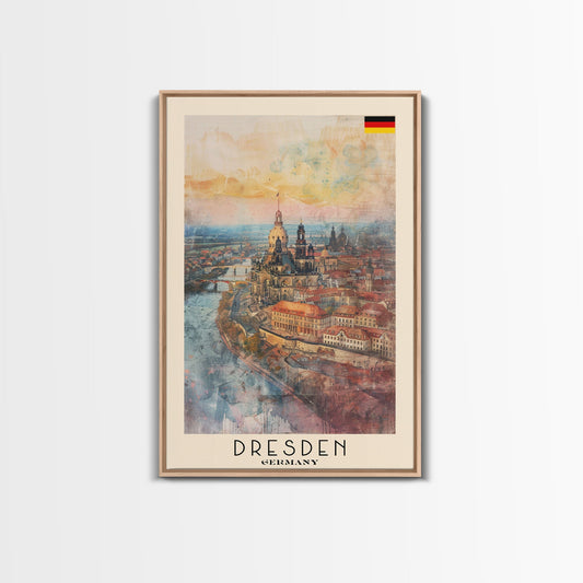 Dresden Germany Architectural Marvel Framed Canvas Print, Watercolor Travel Poster, German Historical Art, Elegant Home Decor, Classic Wall Art, Living Room Centerpiece - mosswell.us