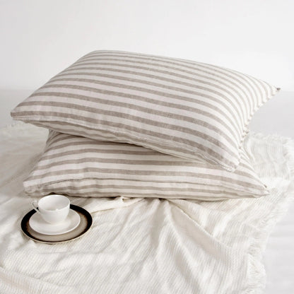 L Linen World Striped Linen Pillow Cases Set of 220"x30" Standard/Queen Size100% French Natural Flax Soft Linen PillowcasesNatural Stripe