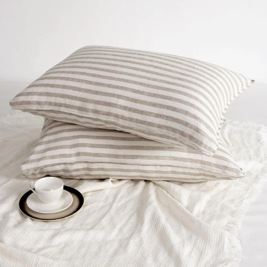L Linen World Striped Linen Pillow Cases Set of 220"x30" Standard/Queen Size100% French Natural Flax Soft Linen PillowcasesNatural Stripe