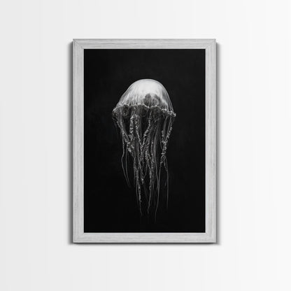 Elegant Jellyfish Art, Ocean Wildlife, Monochrome Marine, Framed Canvas Print, Bathroom Decor, Nautical Wall Art, Minimalist Sea Life - mosswell.us