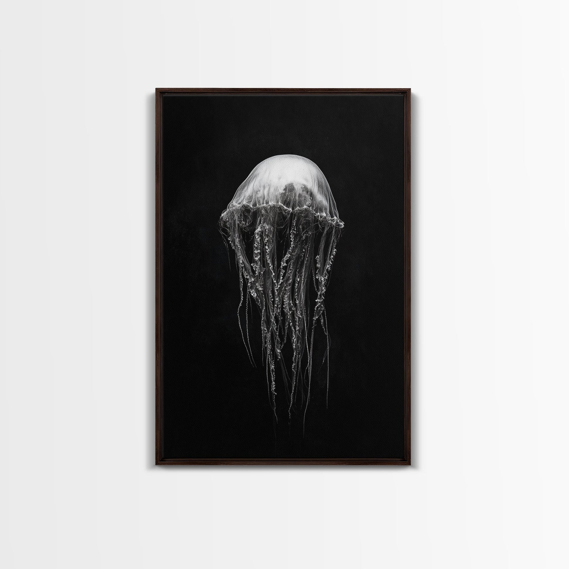Elegant Jellyfish Art, Ocean Wildlife, Monochrome Marine, Framed Canvas Print, Bathroom Decor, Nautical Wall Art, Minimalist Sea Life - mosswell.us