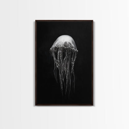 Elegant Jellyfish Art, Ocean Wildlife, Monochrome Marine, Framed Canvas Print, Bathroom Decor, Nautical Wall Art, Minimalist Sea Life - mosswell.us