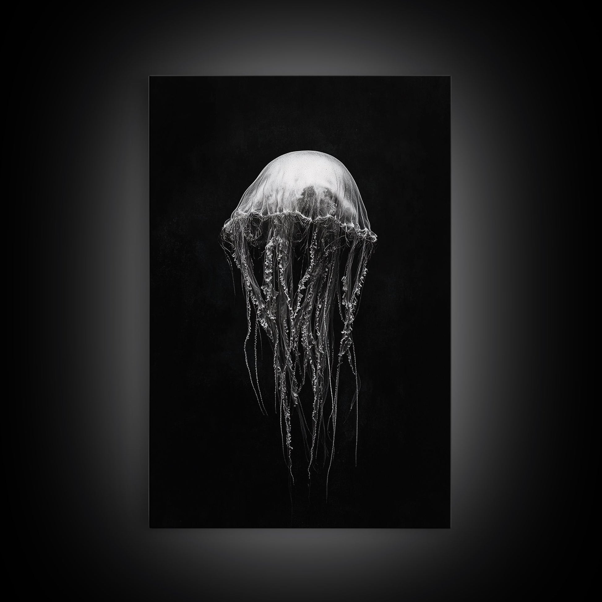 Elegant Jellyfish Art, Ocean Wildlife, Monochrome Marine, Framed Canvas Print, Bathroom Decor, Nautical Wall Art, Minimalist Sea Life - mosswell.us
