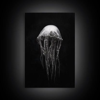 Elegant Jellyfish Art, Ocean Wildlife, Monochrome Marine, Framed Canvas Print, Bathroom Decor, Nautical Wall Art, Minimalist Sea Life - mosswell.us