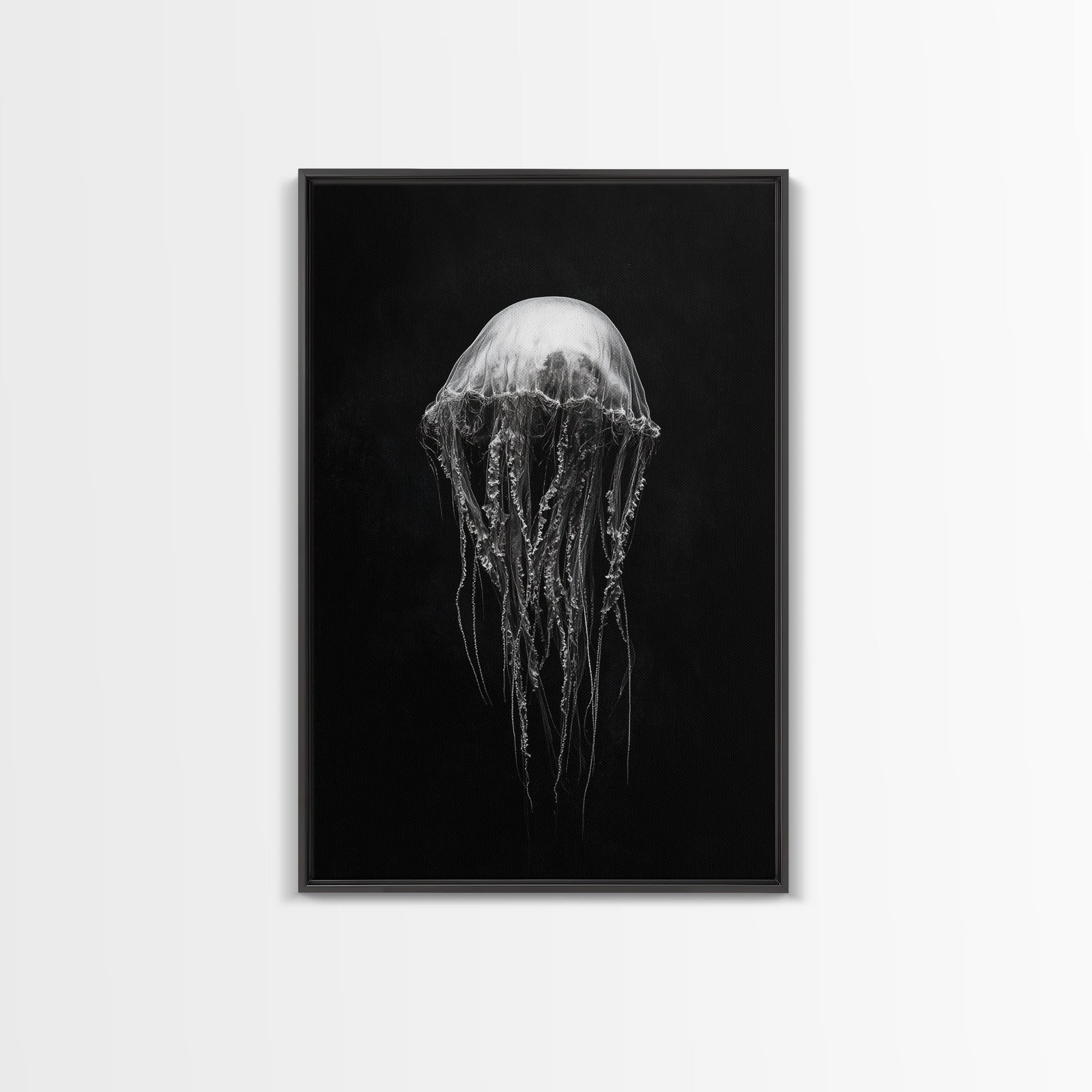 Elegant Jellyfish Art, Ocean Wildlife, Monochrome Marine, Framed Canvas Print, Bathroom Decor, Nautical Wall Art, Minimalist Sea Life - mosswell.us