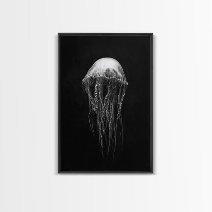 Elegant Jellyfish Art, Ocean Wildlife, Monochrome Marine, Framed Canvas Print, Bathroom Decor, Nautical Wall Art, Minimalist Sea Life - mosswell.us