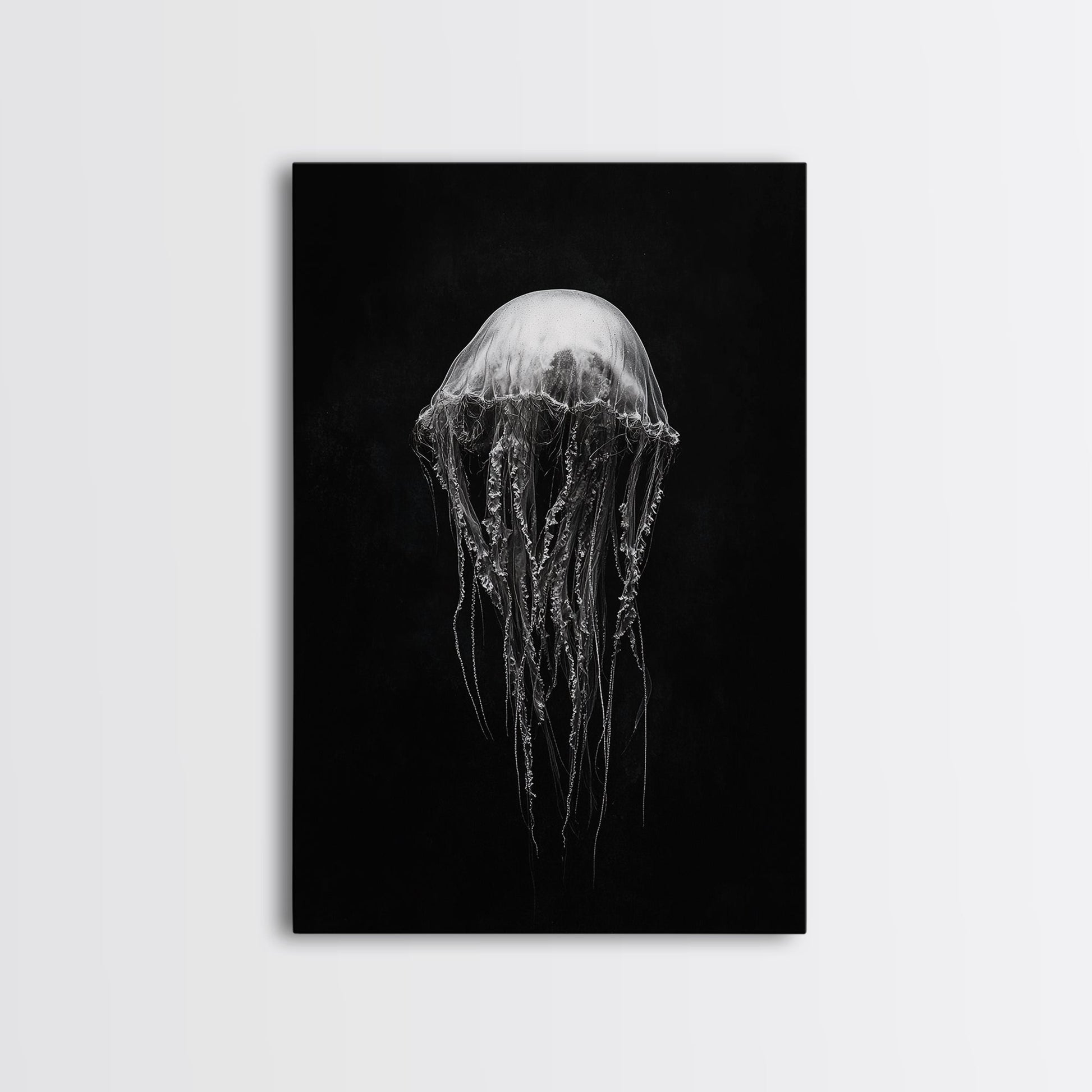 Elegant Jellyfish Art, Ocean Wildlife, Monochrome Marine, Framed Canvas Print, Bathroom Decor, Nautical Wall Art, Minimalist Sea Life - mosswell.us