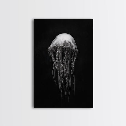 Elegant Jellyfish Art, Ocean Wildlife, Monochrome Marine, Framed Canvas Print, Bathroom Decor, Nautical Wall Art, Minimalist Sea Life - mosswell.us