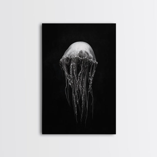 Elegant Jellyfish Art, Ocean Wildlife, Monochrome Marine, Framed Canvas Print, Bathroom Decor, Nautical Wall Art, Minimalist Sea Life - mosswell.us