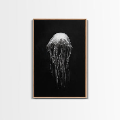 Elegant Jellyfish Art, Ocean Wildlife, Monochrome Marine, Framed Canvas Print, Bathroom Decor, Nautical Wall Art, Minimalist Sea Life - mosswell.us