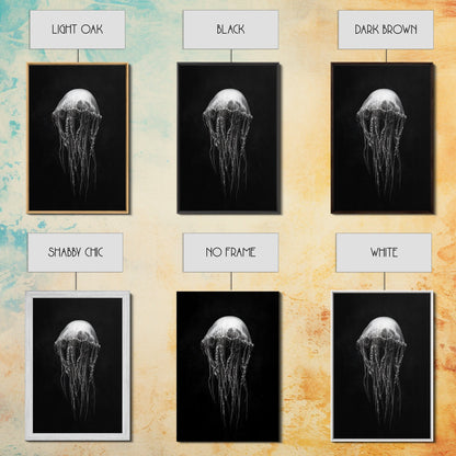 Elegant Jellyfish Art, Ocean Wildlife, Monochrome Marine, Framed Canvas Print, Bathroom Decor, Nautical Wall Art, Minimalist Sea Life - mosswell.us