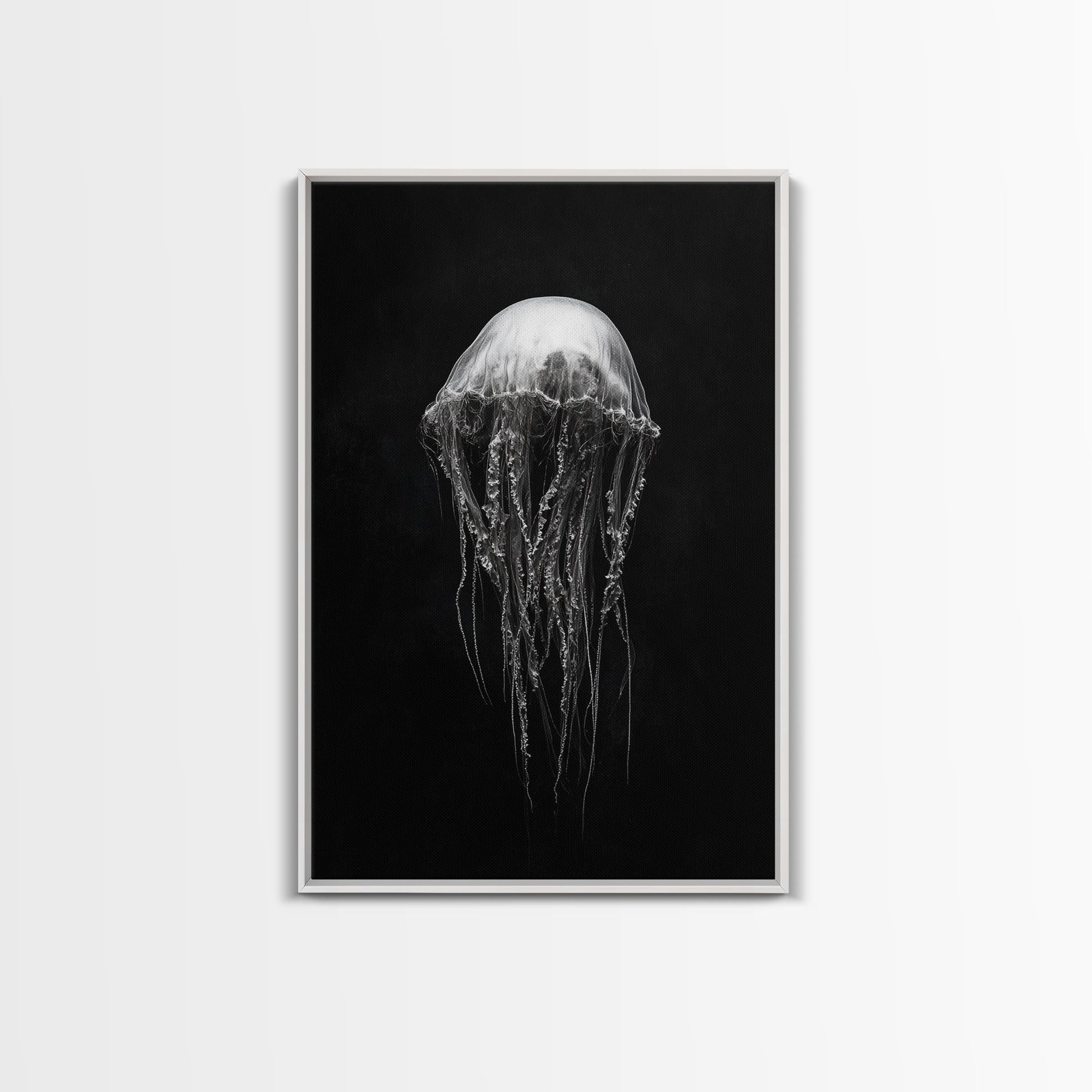 Elegant Jellyfish Art, Ocean Wildlife, Monochrome Marine, Framed Canvas Print, Bathroom Decor, Nautical Wall Art, Minimalist Sea Life - mosswell.us