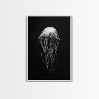 Elegant Jellyfish Art, Ocean Wildlife, Monochrome Marine, Framed Canvas Print, Bathroom Decor, Nautical Wall Art, Minimalist Sea Life - mosswell.us
