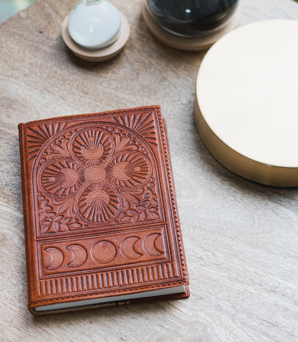 Embossed Brown Leather Moon Phase 5x7 Journal - Refillable - mosswell.us