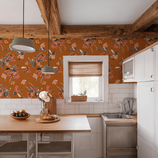 Floral Loquat Wallpaper, rust - mosswell.us