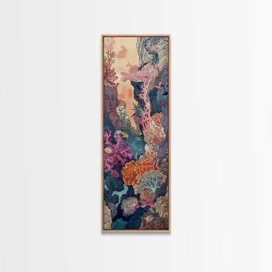 Framed Canvas Print Of A Coral Reef Scene Filled With Vibrant Marine Life, Skinny Art, Tall Art, Japanese Style Art, Ukiyo - e Art, Wood Block Print - mosswell.us