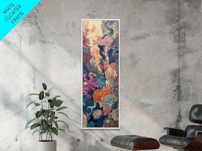 Framed Canvas Print Of A Coral Reef Scene Filled With Vibrant Marine Life, Skinny Art, Tall Art, Japanese Style Art, Ukiyo - e Art, Wood Block Print - mosswell.us