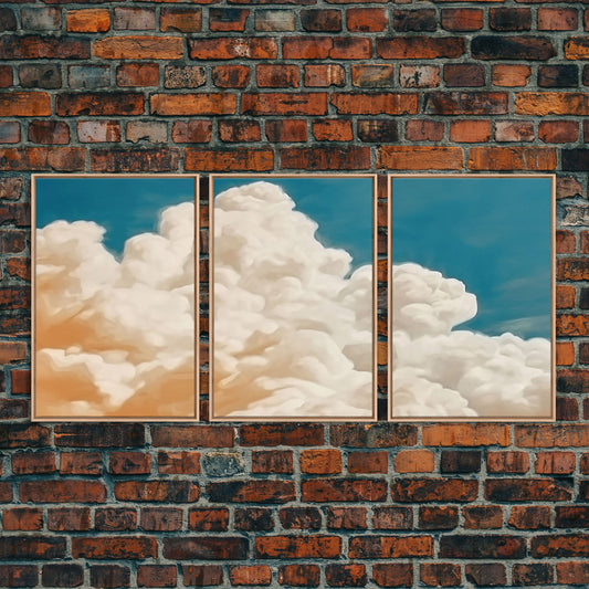 Framed Canvas Wall Art Set of 3 Pastel Clouds, Navy Blue Sky, Nature Landscape Prints, Minimalist Modern Art Nature Boho Wall Decor - mosswell.us