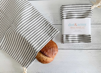Grey Ticking Stripe Bread Bags, set of two - mosswell.us